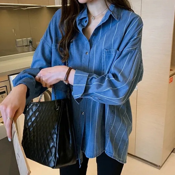 Shein|Oversized button down chambray top, striped & solid—asymmetrical hem•••XXL - Picture 14 of 14